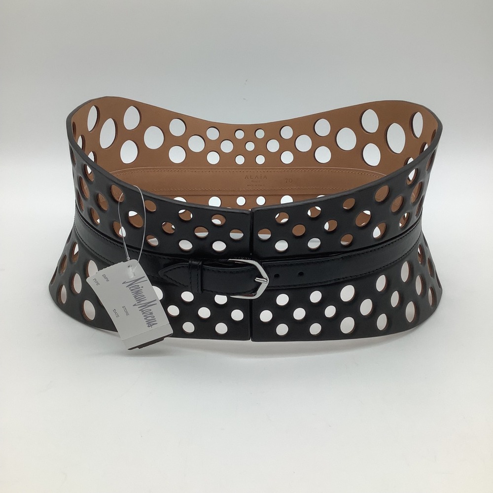 Alaia Paris Black Leather Vienne Perforated Corset Belt Womens Size 28 in NWT